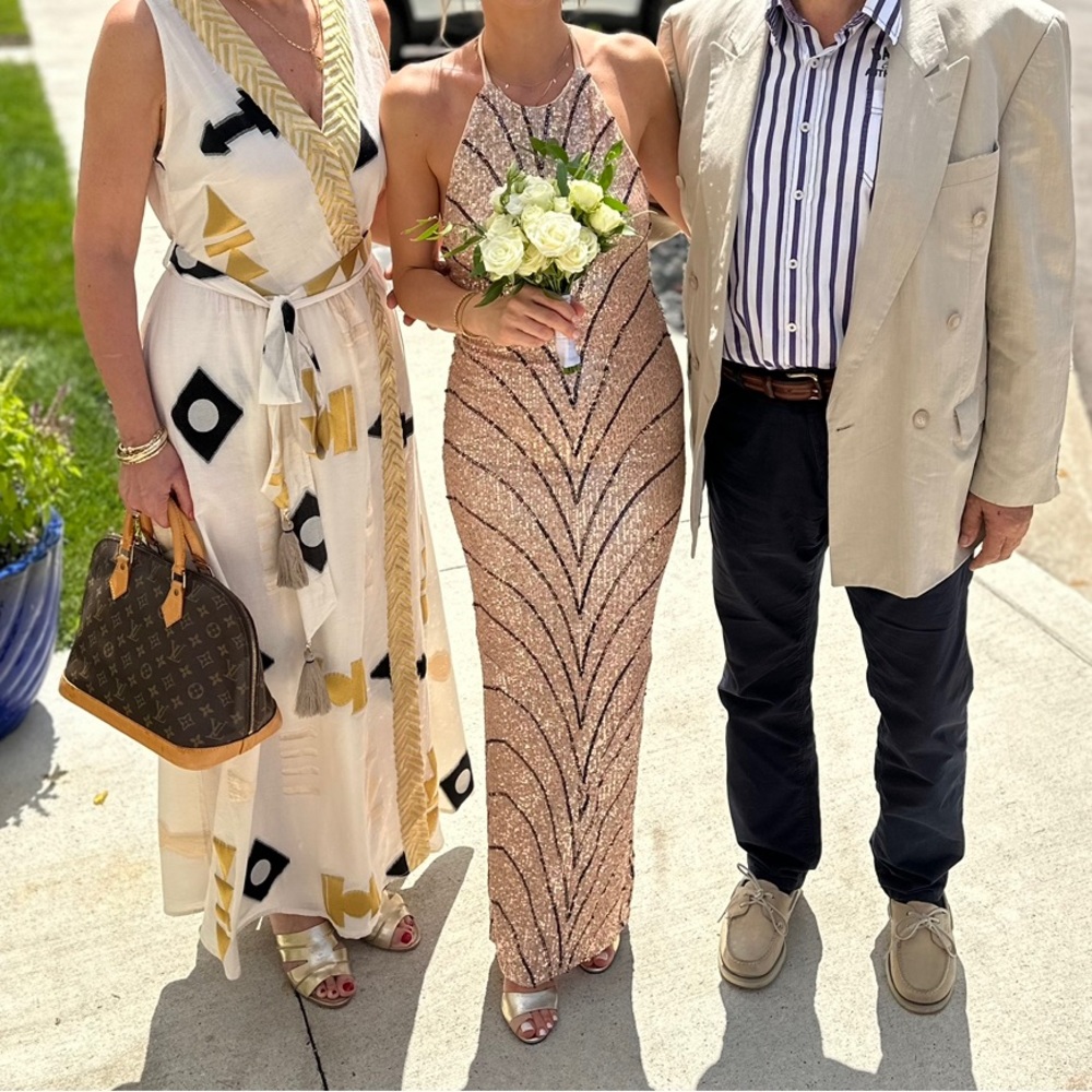 x Revolve Coreen Gown in Champagne and Black by Michael Costello XS